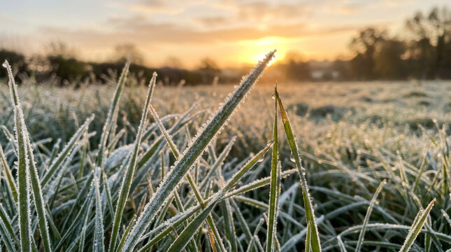 Close up of frost covered grass blade in winter field at sunrise. Frozen meadow with icy crystal and golden morning sunlight. Cold season nature and weather concept for background