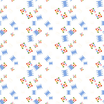Abstract seamless pattern of colorful geometric molecular shapes on clean white background with soft bright lighting and playful mood