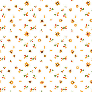 Seamless minimalist floral pattern with warm yellow and orange geometric sun shapes on bright white background creating a cheerful mood