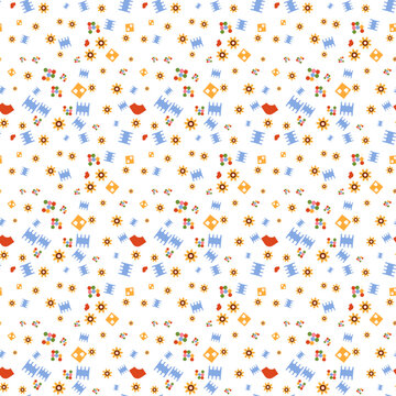 Seamless summer music pattern with mini icons in bright colors under soft studio light creating a cheerful playful mood