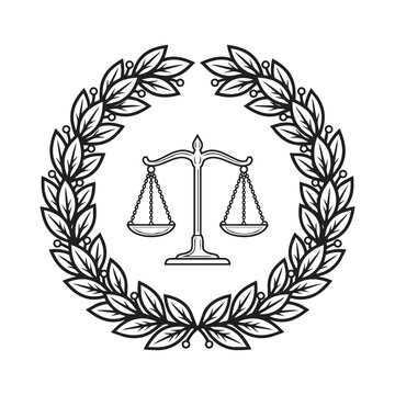Scales of justice inside laurel wreath black and white legal emblem vector illustration