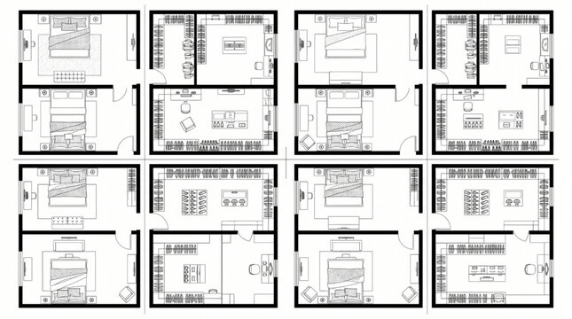 Architectural Floor Plan Layouts of Bedrooms with Dressing Rooms. Top View Furniture Arrangement Vector for House Design.