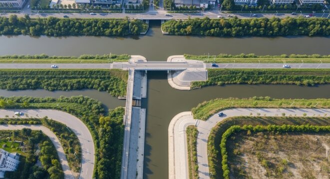 Aerial view of a modern urban river embankment with bridges and roads showcasing city development