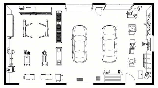 Car Service Station Layout and Mechanics Workshop Symbols. Minimalist 2D Top View Vehicle Lift, Tool Chest, and Workbench Set.