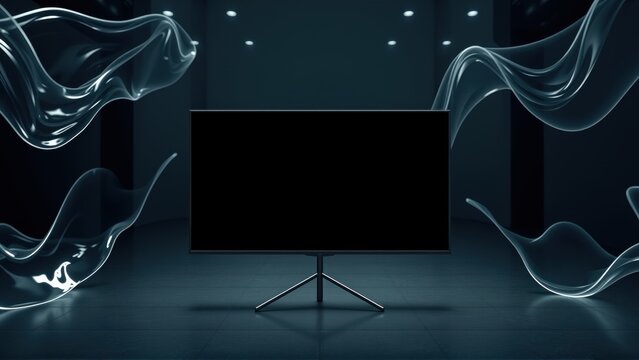 Modern television set displayed within dark studio. Blue light creates dynamic wavy backdrop, highlighting sleek design.