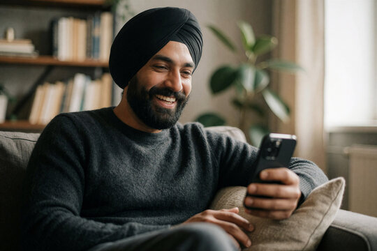 Smiling man with a turban using a smartphone on a sofa