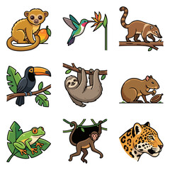 Naklejka premium Diverse tropical wildlife animals and birds collection vector art