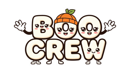 Fototapeta premium Playful Halloween typography design with “BOO CREW” letters illustrated as cartoon characters, featuring eyes, mouths, arms, and pumpkin hat detail for festive autumn celebration artwork