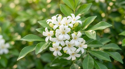 Fototapeta premium White Murraya paniculata flowers blooming among glossy green leaves