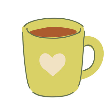 Hand drawn vector illustration of a yellow heart mug isolated on white background.