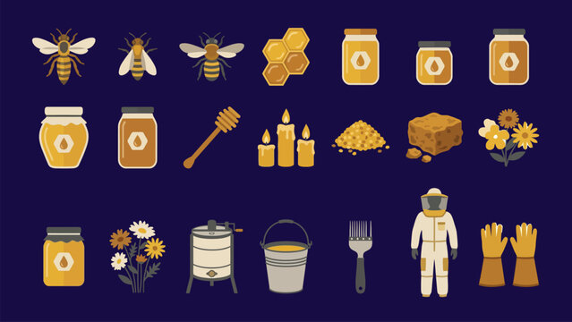 Beekeeping essentials including bees, honey jars, honeycomb, candles, and beekeeper suit.