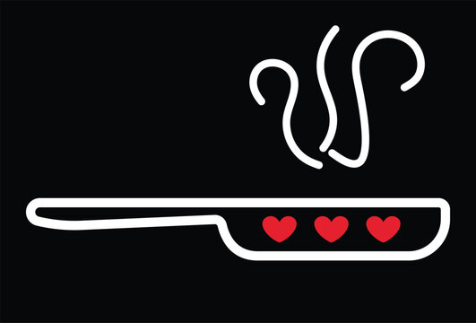 Black Frying Pan with Red Hearts and White Steam