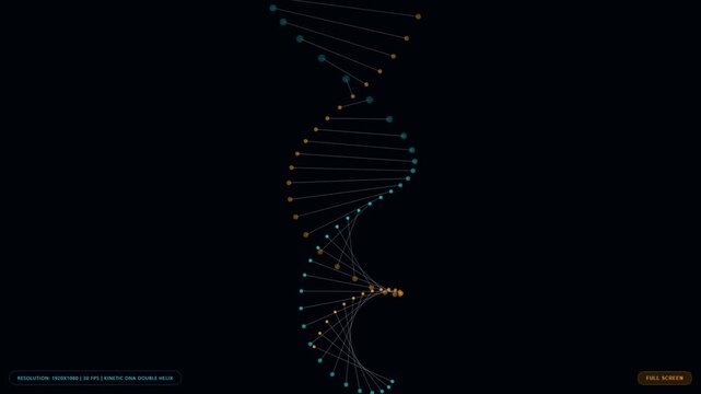 Abstract digital dna helix structure composed of glowing dots and thin lines on a dark background representing scientific research genetic engineering and medical technology concept for modern data de
