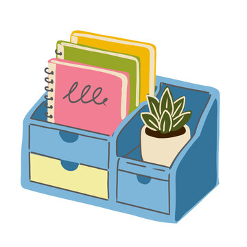 Desk organaizer with notebooks and potted plant vector illustration isolated on white background.