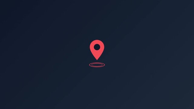 Red location map pin icon floating on a clean dark blue background representing digital navigation gps travel destination and point of interest marker for mobile apps and web design interface graphics