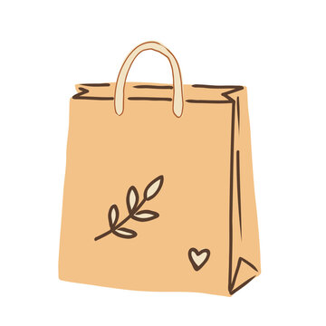 Hand drawn craft paper shopping bag vector illustration isolated on white background.