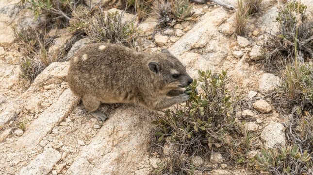 Rock Hyrax Munching on Greens: A small rock hyrax with coarse fur and distinctive white spots on its back is captured foraging for sustenance amongst the arid.