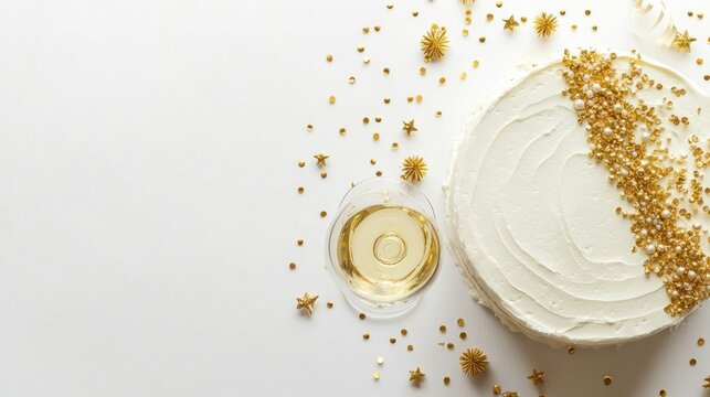 Elegant Celebration Cake with Gold Accents and Sparkling Wine in Festive Surroundings