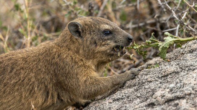 Rock Hyrax Nibbling Foliage: A furry rock hyrax with small ears and sharp teeth is captured in a close-up shot, foraging for green leaves amongst rocky terrain.