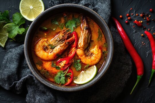 Spicy Thai tom yum soup with shrimp and herbs.