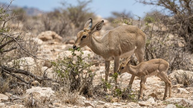 Dikko Antelope Mother and Calf in Arid Landscape: A protective dikko antelope mother stands beside her young calf amidst the rugged terrain of a dry, sparse environment, foraging on sparse vegetation.