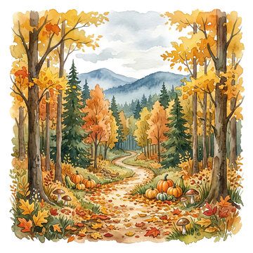 Woodland Autumn Watercolor Landscape