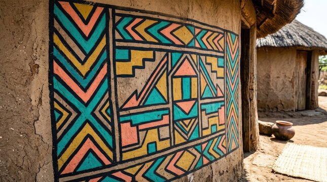 Traditional Mud House With Vibrant Geometric Wall Art in Rural African Village