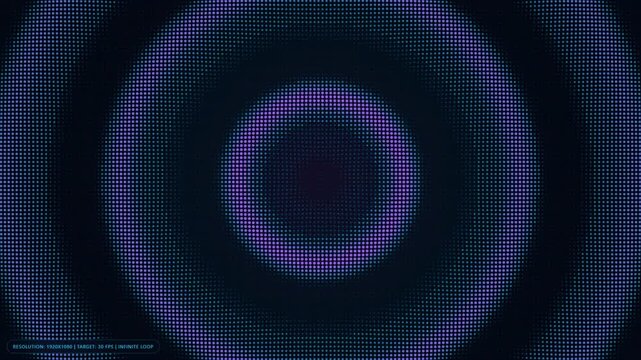 Abstract purple digital light circles made of small squares forming a glowing ripple pattern on a dark background for futuristic technology and modern science design concepts and creative wallpaper