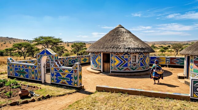 Traditional Maasai Boma With Vibrant Geometric Patterns in African Savannah