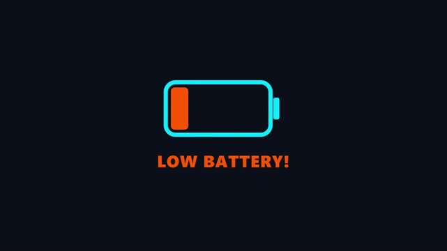 Low battery icon with a small orange energy bar inside a glowing blue rectangle shape on a dark background representing a device running out of power and needing to be charged immediately by a user