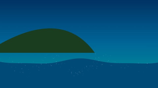 Minimalist vector illustration of a green island in the middle of a calm blue ocean water with a dark sky background 4K Motion Video