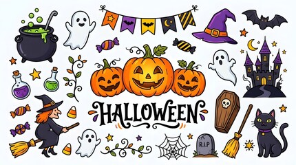 Fototapeta premium A spooky and delightful halloween collection ghosts pumpkins witches and black cats galore