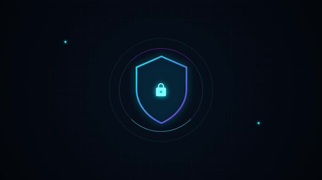 Glowing blue shield icon with a padlock symbol inside representing digital security and data protection against cyber threats on a dark black background