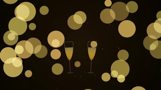 Two elegant champagne glasses with golden light bokeh circles on a dark background for celebration 4K Motion Video