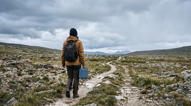 Field scientist carries genetic samples through a rocky basin
