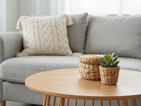  Modern Living Room with Wooden Table and Woven Decor