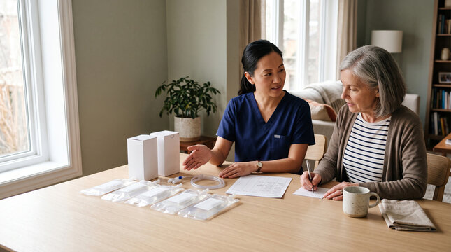 Renal nurse guides home dialysis supply planning at a dining table