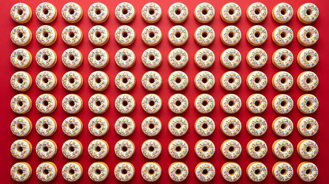 Top-down view of fresh pink frosted donuts with sprinkles arranged in perfect grid pattern on red background