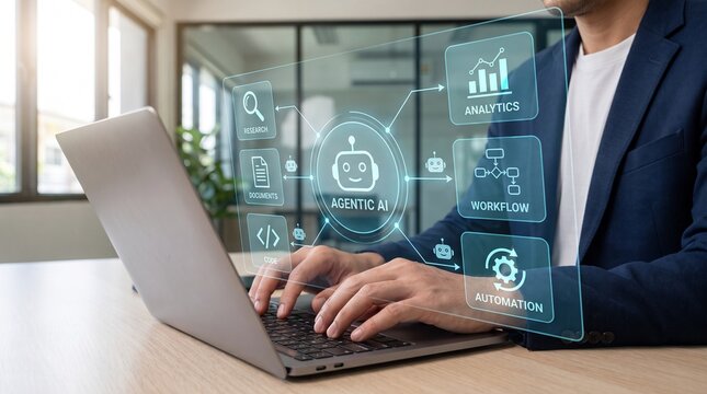 Agentic AI workflow automation concept showing business professional using futuristic dashboard for digital transformation and smart analytics