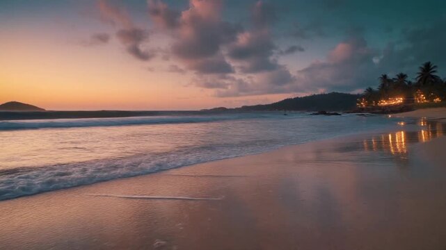 Ocean waves crashing on a tropical sand beach at sunset