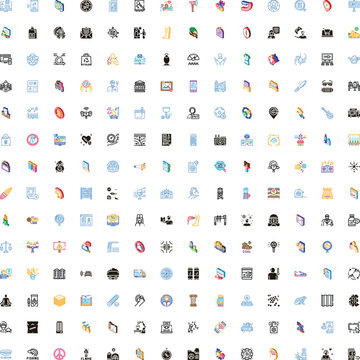 Large set of diverse isometric icons representing various business, technology, finance, travel, education, and medical concepts with minimalist design for web and app interfaces