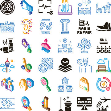 Collection of conceptual isometric icons illustrating various themes like education, business, finance, technology, marketing, health, sport, and daily life on a clean white background