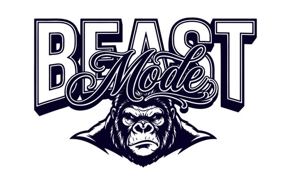 Beast Mode Gorilla Face Typography Vector Art Design Illustration