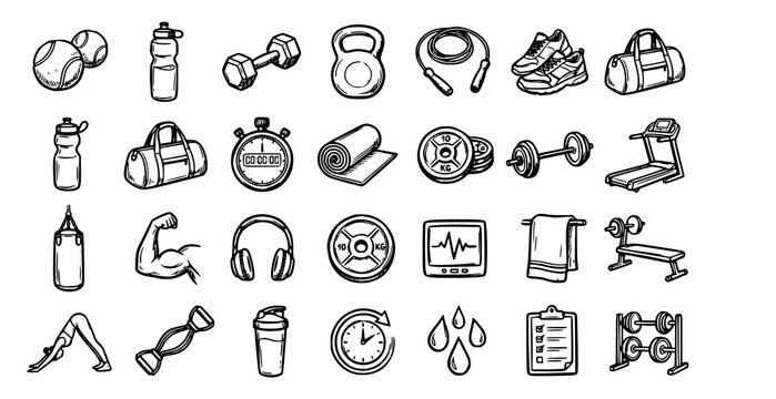 Hand drawn gym fitness sport doodle icon set with dumbbells tennis ball and bottle vector illustration