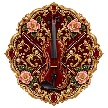 Ornate Red Violin with Pink Flowers Pearls and Golden Baroque Frame