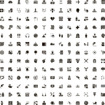 Variety of conceptual black flat design icons covering business, health, human body, technology, food, and various everyday objects, ideal for user interface design