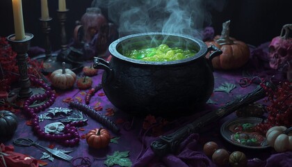 Naklejka premium Dark mystical scene with a black cauldron emitting green glowing mist, surrounded by candles, pumpkins, skulls and potion ingredients on a purple cloth, creating an eerie magical Halloween atmosphere