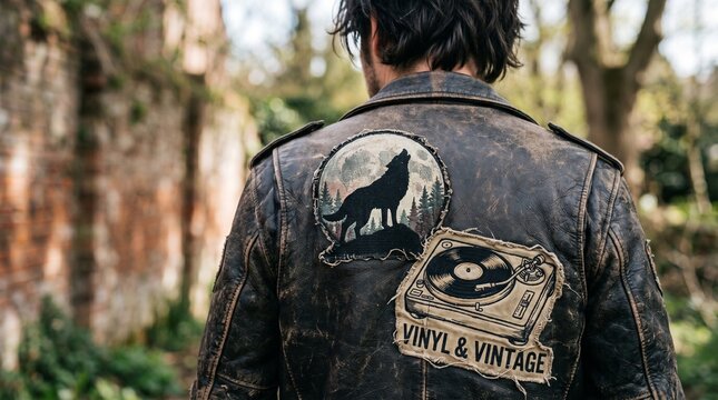 Person in Distressed Leather Jacket with Wolf Patch Standing in Outdoor Setting