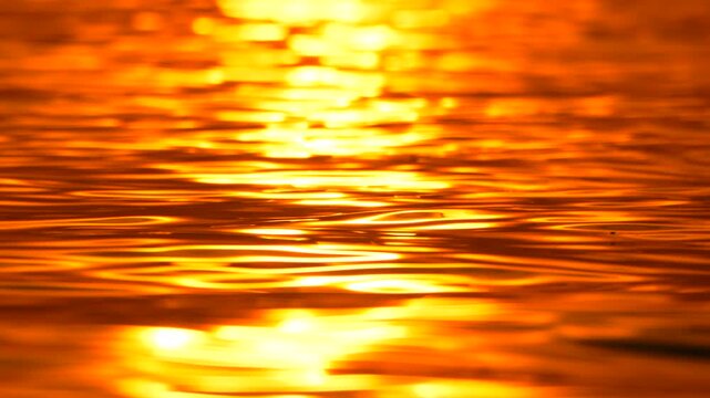 Golden sunlight reflects off moving lake water during a warm summer evening. Macro static shot capturing subtle nature texture.