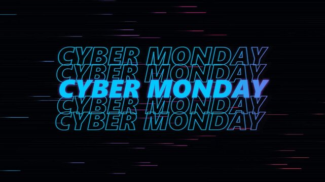 Cyber monday text with digital glitch effect and glowing blue letters on a dark background 4K Motion Video